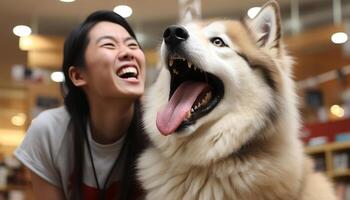 AI generated Smiling women embracing playful Samoyed, purebred dog generated by AI photo