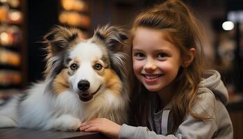 ai generado linda perro y niña sonriente, felicidad y amor generado por ai foto