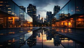 AI generated Cityscape at dusk, skyscrapers reflect modern architecture generated by AI photo