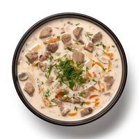 AI generated Beef soup closeup isolated on white background photo