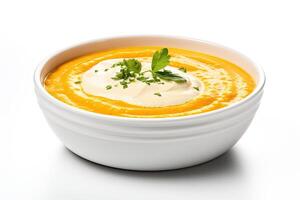 AI generated Carrot soup closeup isolated on white background photo