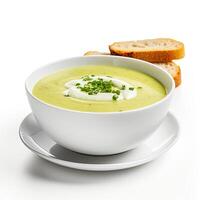 AI generated Asparagus soup closeup isolated on white background photo