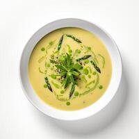 AI generated Asparagus soup closeup isolated on white background photo