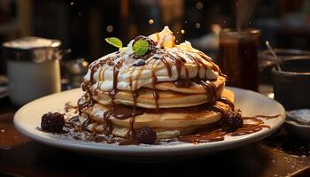 AI generated Stack of homemade pancakes with chocolate syrup and fruit generated by AI photo