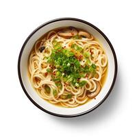 AI generated noodle soup closeup isolated on plain background photo