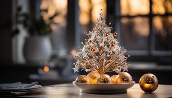 ai generado Navidad árbol iluminado con brillante Navidad luces generado por ai foto