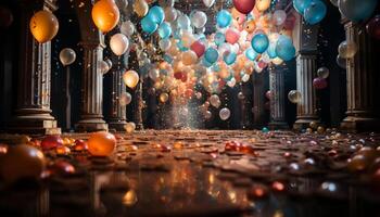 ai generado celebracion de alegría, globos mosca en vibrante colores generado por ai foto