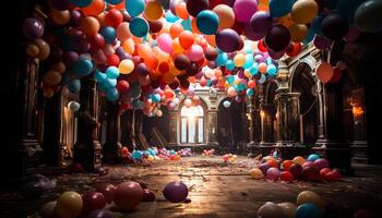 ai generado celebracion de alegría, vibrante colores iluminar el noche generado por ai foto