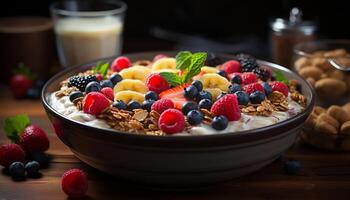 AI generated Blueberry and raspberry granola yogurt, a healthy dessert generated by AI photo