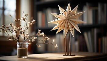 AI generated Wooden star shape on table, celebrating winter generated by AI photo