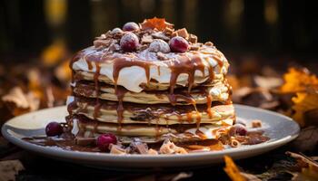 AI generated Stack of homemade pancakes with chocolate syrup and berries generated by AI photo