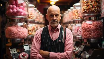 ai generado confidente adulto Carnicero de venta Fresco carne en Tienda generado por ai foto