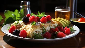 ai generado frescura de gastrónomo Fruta en un de madera plato generado por ai foto