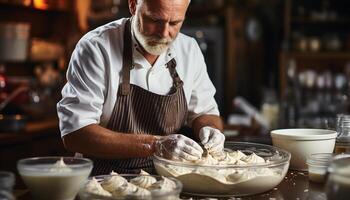 AI generated Mature man in workshop making homemade pottery generated by AI photo