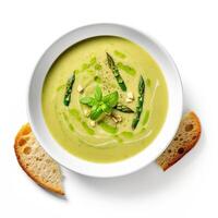 AI generated Asparagus soup closeup isolated on white background photo