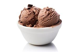 AI generated Chocolate ice cream close up isolated on white background photo