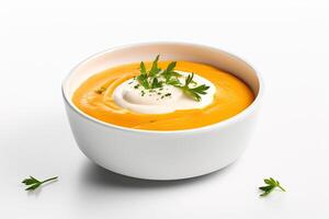 AI generated Carrot soup closeup isolated on white background photo