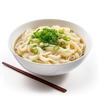 AI generated noodle soup closeup isolated on plain background photo