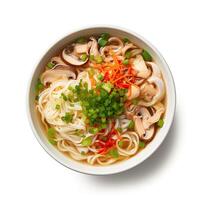 AI generated noodle soup closeup isolated on plain background photo