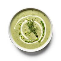 AI generated Asparagus soup closeup isolated on white background photo