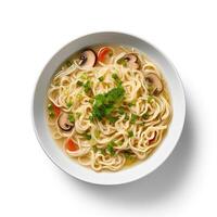 AI generated noodle soup closeup isolated on plain background photo