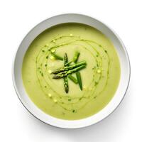 AI generated Asparagus soup closeup isolated on white background photo