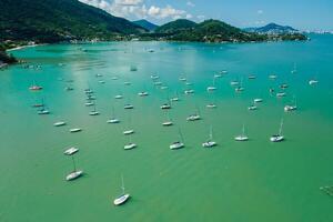 Sailing boats in marina near Santa Catarina island. Aerial view photo