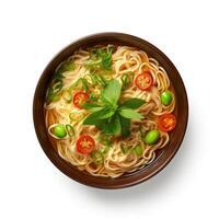 AI generated noodle soup closeup isolated on plain background photo