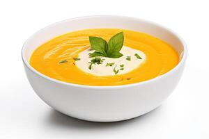 AI generated Carrot soup closeup isolated on white background photo