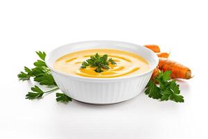 AI generated Carrot soup closeup isolated on white background photo