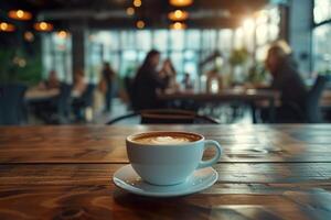 ai generado taza de café en el mesa en el oficina en el antecedentes con oficina trabajadores foto