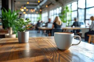 AI generated Cup of coffee on the table in the office in the background with office workers. photo