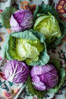 AI generated Farm Fresh Palette Purple and Green Cabbage Leaves in Folk Setting photo