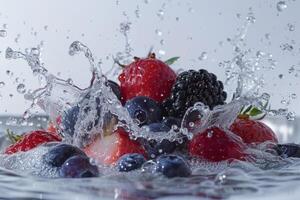 ai generado agua chapoteo desde varios frutas en blanco antecedentes foto