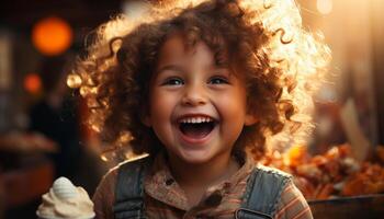 ai generado un alegre niño con Rizado pelo disfruta al aire libre verano divertido generado por ai foto