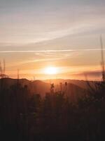 Golden hour with the sun setting behind the rolling hills and wind turbines photo