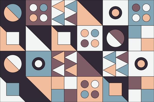 A playful and stylish vector mosaic featuring an array of geometric shapes in a seamless pattern, combining pastel and bold colors for a retro, decorative wallpaper design