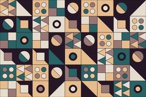 A modern, abstract geometric pattern with Bauhaus inspiration, featuring a grid of colorful shapes and seamless tiles, perfect for stylish wallpaper or creative artwork backdrops vector