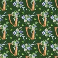 Harp and spring flowers watercolor seamless pattern isolated on green. Painted green clover, musical instrument and saffron. Irish lucky symbol hand drawn. Design for St. Patrick day, wrapping paper. vector