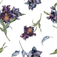 Seamless pattern with watercolor bunch of dark flowers and leaves isolated on white. Gothic floral print hand drawn. Dark botanical decoration with lily, iris. Element for textile, backdrop, paper vector