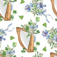 Harp and spring flowers watercolor seamless pattern isolated on white. Painted green clover, musical instrument and saffron. Irish lucky symbol hand drawn. Design for St. Patrick day, wrapping paper. vector