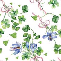 Clover and crocus bunch with ribbon watercolor seamless pattern isolated on white. Painted green shamrock. Lucky symbol hand drawn. Design element for St.Patrick day, banner, textile, wallpaper. vector