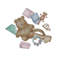 Illustration with teddy bear, wooden toys delicate colors isolated on white background. Hand drawn plush bear in pastel shades. Painted baby cubes, car. Element for birthday card, newborn shower vector