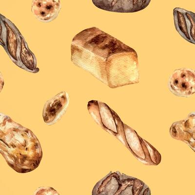 Variety bread watercolor seamless pattern isolated on beige. Hand drawn rye bread, loaf for bakery. Painted pitta, ciabatta. Illustration of baguette. Element for design bakeshop, package, trade