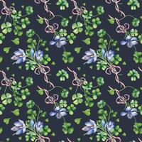 Clover and crocus bunch with ribbon watercolor seamless pattern isolated on blue. Painted green shamrock. Lucky symbol hand drawn. Design element for St Patrick day, banner, textile, wallpaper. vector