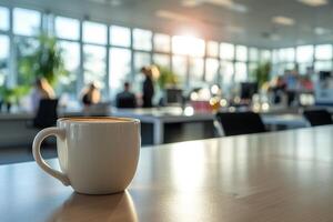 AI generated Cup of coffee on the table in the office in the background with office workers. photo