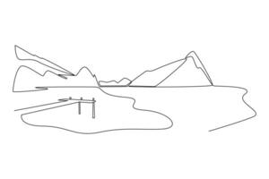 One continuous line drawing of Landscape with green grass, trees, sky horizon and Mountains. Nature concept. Doodle vector illustration in simple linear style.