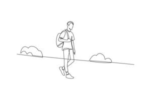 One continuous line drawing of People walking, playing, riding bicycle at city park. Activities outdoors concept. Doodle vector illustration in simple linear style.