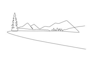 One continuous line drawing of Landscape with green grass, trees, sky horizon and Mountains. Nature concept. Doodle vector illustration in simple linear style.