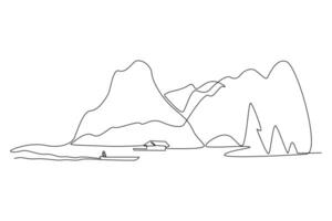 One continuous line drawing of Landscape with green grass, trees, sky horizon and Mountains. Nature concept. Doodle vector illustration in simple linear style.